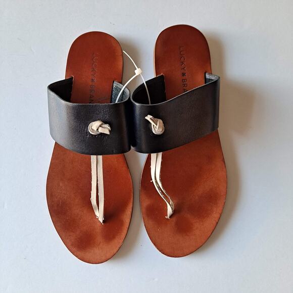 Lucky Brand Ari Black Leather White Knot Slide Thong Flat Sandals - Size 8M - Picture 3 of 10